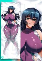 1girls big_breasts blue_hair bodysuit breasts dakimakura fat_thighs green_eyes huge_breasts igawa_asagi long_hair looking_at_viewer looking_back mitgard-knight purple_bodysuit smiling spandex_suit string_bikini taimanin_(series) taimanin_asagi thighs