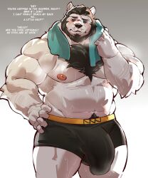 1boy 1male after_workout anthro anthro_male bara bear big_belly big_bulge big_penis black_hair black_hair_male black_pubes black_pubic_hair blue_eyes blue_eyes_male blue_towel blush bulge bulge_in_underwear bulge_through_clothing bulge_under_clothes chest_hair chest_tuft english_dialogue english_text furry furry_male hairy_chest huge_cock looking_at_viewer male male_anthro male_dog massive_bulge massive_penis muscles muscular muscular_anthro muscular_male penis penis_in_underwear pink_nipples polar_bear pubes pubic_hair ren_aruzen speaking_to_viewer sweat sweating sweaty sweaty_body talking_to_viewer tight_clothes tight_clothing tight_underwear towel towel_around_neck underwear underwear_bulge underwear_only white_body white_fur wiping_sweat