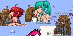 1boy 1femboy 2girls ahoge aqua_eyes aqua_hair bikini brown_hair detached_sleeves fellatio_gesture femboy hatsune_miku hatsune_miku_(collared_bikini) heart heart-shaped_pupils heart_ahoge heart_symbol huge_ass huge_breasts hugging kasane_teto kissing long_hair looking_at_viewer meganethings messy_hair necktie peace_sign red_eyes red_hair squished_breasts telekoi twin_drills twintails twitter_username wplace wplace_(artwork) yume_(meganethings)