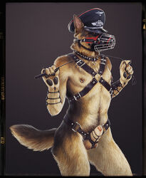 1boy anthro balls bondage canine collar colors detailed flaccid fur furry german_shepherd leather male male_only military muzzle nazi original_character penis photorealism piercing sheath solo star_(artist) whip world_war_2