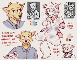 4_missing_limbs abuse amputee animal_genitalia anthro anus black_nose blood blue_eyes bodily_fluids bondage bruised canid canine canine_genitalia canis castration cheek_tuft clothed clothing cock_and_ball_torture collar collar_tag collared_shirt defanged disability domestic_dog dress_shirt duo ears_back electronics eunuch evil_grin facial_tuft footwear forced fur genital_mutilation genital_torture genitals gold_(metal) gold_tooth gore grin group hair handwear happy head_tuft looking_at_viewer male male/male mammal mittens mutilation nine_(spudnikmutt) nipples nude open_mouth orange_eyes phone pivoted_ears pointy_ears quadruple_amputee recording sad scar scared sheath shirt simon_(spudnikmutt) simple_background smile socks spudnikmutt sweat tail teeth tongue tooth_removal topwear torture trio tuft white_body white_fur worried yellow_body yellow_fur yellow_teeth