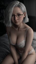 3d ai_generated aiuniverse56 bob_cut glasses grace_ashcroft grey_eyes lace lace_bra lace_panties resident_evil resident_evil_9:_requiem resident_evil_requiem short_hair stable_diffusion white_hair
