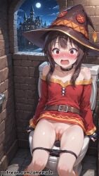 1girls ai_generated amenude_ai black_panties blush brown_hair female hat high_quality high_resolution highres kono_subarashii_sekai_ni_shukufuku_wo! light_skin megumin night open_mouth panties panties_down patreon pussy red_eyes short_hair sitting_on_toilet small_breasts suprised suprised_look thighs toilet watermark witch_hat