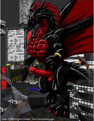 1boy 2002 black_dragon building city dragon feral_dragon giant_male kaiju kencougr macro macro_male male male_dragon male_only micro_on_macro penis scalie solo solo_male