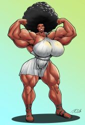 afro black_eyes breasts dark-skinned_female dark_skin extreme_muscles flexing gigantic_breasts hyper_muscles misguidedlord muscular_arms muscular_female muscular_legs original short_dress smile solo thick_thighs