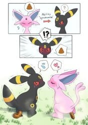 ambiguous_gender ambiguous_pooping anus ass black_body black_eyes black_fur blush blushing_profusely bodily_fluids closed_eyes directional_arrow duo eeveelution emanata english_text enjoying_the_go espeon eyebrows feces feces_on_ground feces_pile feral flying_sweatdrops forehead_gem forked_tail fur gem generation_2_pokemon grass looking_at_another looking_back markings mouthless nintendo pictographics pink_body pink_fur plant pokemon pokemon_(species) pooping_together raised_eyebrows raised_tail red_sclera ring_(marking) scat scatplay speech_bubble sweat sweatdrop tail text thought_bubble umbreon unoroute unusual_anatomy unusual_tail yellow_body yellow_fur