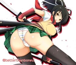 arm_guards ass asuka_(senran_kagura) betterthanbone2 black_hair breasts cameltoe covered_erect_nipples female hair_ribbon happy_birthday highres holding holding_sword holding_weapon katana large_breasts long_hair looking_at_viewer ninja open_mouth panties petals ponytail red_scarf ribbon scarf school_uniform senran_kagura short_sleeves sidelocks skirt striped_clothes striped_panties sword thighhighs thighs twitter_username underwear weapon yellow_eyes