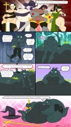 absurd_res anthro big_breasts black_eyes black_hair blonde_hair blue_eyes breasts comic cover cover_art cover_page digestion digestion_noises digestion_sequence dirtymac female green_body green_eyes hair hi_res huge_breasts huge_hips huge_thighs human kobold larger_female larger_human male male/female mammal multiple_prey oral_vore post_vore_weight_gain purple_hair red_eyes red_hair scalie size_difference smaller_anthro smaller_male smaller_pred thick_thighs vore wide_hips