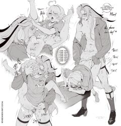 1boy ahoge anus aroused bite_mark bite_mark_on_neck bluesky_username blush bonbon_(bonesofbeskar) bottomless carrying carrying_person closed_eyes cunnilingus drooling english_text female female_orgasm frilled_shirt frills full_body furina_(genshin_impact) genshin_impact greyscale hand_on_another's_head hands_on_another's_head heart heart_ahoge highres legs_up lifting_person looking_at_another monochrome motion_lines multiple_views neuvillette_(genshin_impact) nipples open_mouth oral orgasm pectorals pussy pussy_juice scales sex sex_from_behind shirt simple_background speech_bubble spread_legs standing standing_sex straight talking testicles tongue tongue_out top-down_bottom-up torso_grab uncensored white_background