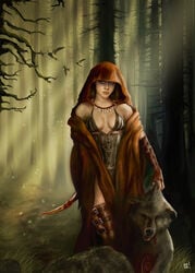 blood canine dead female guro human hunting knife little_red_riding_hood photorealism piercing solo unknown_artist wolf