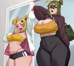 2girls ahoge bag big black_pants blonde_hair breast_size_difference breasts cleavage duffle_bag earrings green_hair green_lipstick gym gym_shorts huge_breasts jacket medium_breasts midori_(rizdraws) rizdraws saya_(rizdraws) shortstack sisters spiked_collar sports_bra thong twintails white_jacket wide_hips yellow_sports_bra yoga_pants
