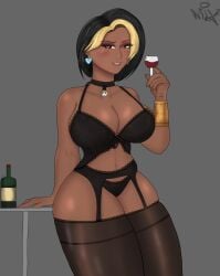 big_ass big_breasts big_butt black_hair blizzard_entertainment bottle breasts brown_body brown_eyes brown_skin domina lingerie lingerie_bra lingerie_only lingerie_panties overwatch overwatch_2 panties pose solo solo_female solo_girl vaira_singhania wine wine_bottle wine_glass yellow_hair