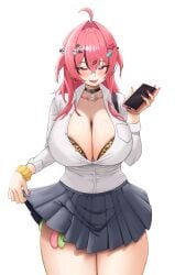 absurdres black_choker black_skirt bluepaint blush breasts choker cleavage condom female goddess_of_victory:_nikke gyaru hair_ornament hairclip highres holding holding_phone large_breasts leopard_print_bra long_hair looking_at_viewer mast mast_(nikke) nail_polish open_mouth phone pink_hair pink_nails red_eyes school_uniform scrunchie shirt simple_background skirt smile solo used_condom white_background white_shirt wrist_scrunchie