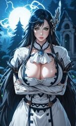 ai_art ai_generated black_hair brunhilde_(shuumatsu_no_valkyrie) green_eyes hair_ornament huge_breasts long_sleeves mature_female pendant record record_of_ragnarok shuumatsu_no_valkyrie tensor_art thicc thick_thighs white_dress wide_hips