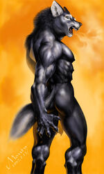 1boy anthro back canine fur furry male male_only monty nipples nude po-ju solo wolf