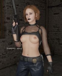 3d belly belly_button black_lip black_lips black_lipstick blender bob_cut bobcut breasts breasts_out eyeliner female_soldier fishnet fishnet_clothing fishnets frankiely_spicy french french_female ginger ginger_female ginger_hair goth goth_girl goth_makeup green_eyes gun leather_gloves navel nicolette_thompson_(frankiely_spicy) nipples oc original_character outdoor outdoors outside pinup pinup_pose police police_badge rifle shirt shirt_lift shirt_up short_hair stare staring staring_at_viewer tactical_belt tactical_gear tactical_nudity weapon