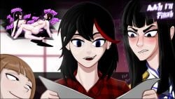 3girls biting_own_lip black_hair blue_eyes blush brown_hair daftszeller implied_masturbation incest indoors kill_la_kill kiryuuin_satsuki looking_at_own_porn mankanshoku_mako matoi_ryuuko open_mouth reading reading_pornography red_highlights sisters smirk text tribadism yuri