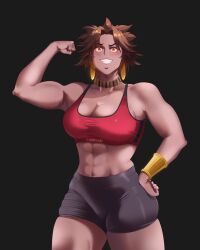 1girls apukunapa_kutimuynin athletic_female cleavage cleavage_dress dark-skinned_female dark_skin el_regreso_de_los_dioses female_focus female_only flexing_muscles goddess inca_mythology latina looking_at_viewer muscular_female nina_(apukunapa_kutimuynin) nina_(el_regreso_de_los_dioses) ninakami_estudio peruvian_female solo solo_focus