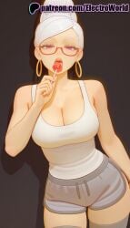 1girls 2025 ai_generated artist_name ayase_seiko big_breasts big_chest breasts bust busty candy chest cleavage dandadan earrings electroworld female food glasses hi_res high_quality high_resolution highres hoop_earrings jewelry large_breasts lollipop patreon patreon_username solo stable_diffusion watermark