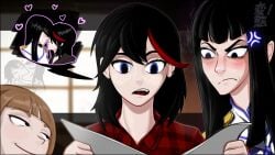3girls angry black_hair blue_eyes blush brown_hair daftszeller frown incest indoors kill_la_kill kiryuuin_satsuki kissing looking_at_own_porn mankanshoku_mako matoi_ryuuko open_mouth reading reading_pornography red_highlights sisters yuri