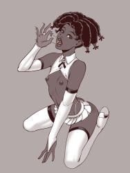 1girls 2d 2d_(artwork) arm_gloves ass black_hair blowjob_gesture bolo_tie brown_eyes canary_(hunter_x_hunter) collar crop_top cute dark-skinned_female dark_skin female hair_ornament hair_tie high_heel_boots high_heels hunter_x_hunter inverted_nipples kneeling kyder looking_at_viewer miniskirt monochrome motion_lines nipples on_knees oral oral_gesture oral_insinuation oral_invitation petite ring seductive_mouth skinny skirt slim solo solo_female teenager thighhigh_boots thighhighs thong tongue tongue_out tongue_piercing useless_clothing