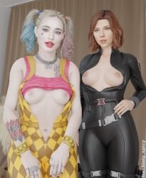 3d belly belly_button black_widow_(marvel) black_widow_(movie) blender blonde_female blonde_hair blonde_hair_female blue_eyes bob_cut bobcut breasts breasts_out catsuit celebrity dc frankiely_spicy ginger ginger_female ginger_hair harley_quinn harley_quinn_(margot_robbie) margot_robbie marvel marvel_cinematic_universe natasha_romanoff navel nipples orange_hair scarlett_johansson shirt shirt_lift shirt_up smile smiling smiling_at_viewer stare staring staring_at_viewer suicide_squad suicide_squad_(2016) tattoo tattoo_on_arm tattoo_on_chest tattoo_on_face tattooed_arm tattoos twintails