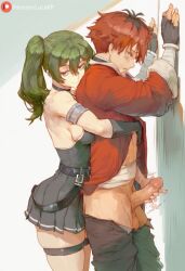 1boy 1girls against_surface against_wall ai_generated blush dominant dominant_female female femdom green_hair hugging hugging_from_behind jerking jerking_off jerkingoff jerkingoff_another looking_at_viewer lucakp male pants_down patreon patreon_link patreon_logo patreon_url patreon_username red_hair simple_background sousou_no_frieren stark_(sousou_no_frieren) tagme ubel_(sousou_no_frieren) white_background