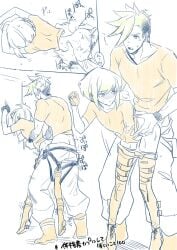 2boys anal anal_sex androgynous blush bob_cut clothing embarrassed femboy galo_thymos gay gay_sex grabbing_waist lio_fotia male promare short_hair size_difference sketch twink waist_grab yaoi