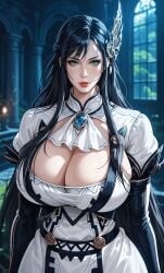 ai_art ai_generated black_hair brunhilde_(shuumatsu_no_valkyrie) green_eyes hair_ornament huge_breasts long_sleeves mature_female pendant record record_of_ragnarok shuumatsu_no_valkyrie tensor_art thicc thick_thighs white_dress wide_hips
