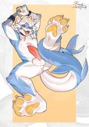 1_horn above_head anthro balls blue_body collar cuffs_(clothing) dragon ear_piercing ear_ring erection genitals hair hi_res horn hybrid hybrid_genitalia hybrid_penis lucky456852 male marine mythological_creature mythological_scalie mythology nude open_mouth open_smile pawpads penis piercing raised_leg reclining red_eyes ring_piercing scalie signature simple_background smile solo tail tail_around_leg tapering_penis white_hair yellow_pawpads