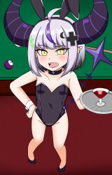 1girls ahoge bunny_girl bunnysuit choker demon_girl demon_horns fanart fangs female flat_chest grey_hair hairclips hand_on_hip hololive hololive_japan holox horns la+_darknesss looking_at_viewer multicolored_hair open_mouth pierced_ears piercing plate pointy_ears pool_table purple_hair short_hair striped_horns tail two_tone_hair wine_glass yellow_eyes zenostriker