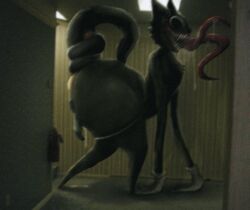 1boy black_eyes cartoon_cat cat_humanoid catboy drool drooling feline giant grin guhg_kemon human_on_monster long_tail long_tongue looking_at_viewer male male_focus male_only mixed_media monster monster_boy nightmare_fuel nightmare_husbando perching_position power_bottom public_domain sharp_teeth slobber smaller_penetrating_bigger smile solo solo_focus solo_male tail_play tentacle_tongue the_backrooms thigh_highs tongue tongue_out trevor_henderson unusual_anatomy urban_legend