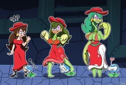 big_lips bite bite_mark blue_eyes breast_expansion breasts brown_hair chabble dress earrings green_body green_hair large_breasts leaf_hair mario_(series) no_eyes pauline piranha piranha_plant_girl plant plant_girl red_dress red_lipstick sewer sharp_teeth super_mario_bros. tagme transformation