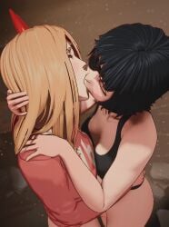 2girls 3d 3d_animation animated apulaz black_hair blender blonde_hair blush bottomless breast_press breasts chainsaw_man closed_eyes clothed convenient_censoring demon_girl downblouse eyepatch female/female female_only french_kiss from_above himeno_(chainsaw_man) horns kissing loop looping_animation medium_breasts multiple_girls power_(chainsaw_man) red_eyes red_horns rolling_eyes saliva_trail tank_top tongue yuri