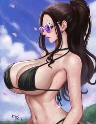artist_name bare_shoulders bikini black_bikini black_hair blue_sky breasts cg cleavage cloud collarbone day earrings female from_side halterneck heart high_ponytail huge_breasts jewelry kyo_(artist) large_breasts lips long_hair looking_at_viewer navel nico_robin one_piece outdoors petals pink-tinted_eyewear ponytail purple-tinted_eyewear sideboob sidelocks signature sky solo stomach string_bikini sunglasses swimsuit tinted_eyewear underboob upper_body wet
