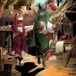 2022 2girls aaliyah_(tyunre) big_breasts black_body black_fur blue_eyes breasts canine female female_only fox furry green_eyes huge_breasts jackal market marketplace nipple_piercing nipples orange_fur orange_hair original original_character original_characters pierced_nipples piercing pink_nipples tyunre unnamed_character white_body white_fur