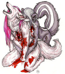 2005 anthro bleeding blood blood_stain breasts canine claw_mark closed_eyes color ears exposed_breasts eyes female fingering fur furry furry_breasts furry_ears furry_tail gaping_maw gore grey_fur hair incision injury interspecies kneeling masturbation mouth mutilation nipples nudity open_eyes open_mouth pink_hair skunk snuff straight_hair tail white_background white_fur white_hair wolf wound yuri