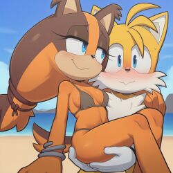 1boy 1boy1girl 1girls ai_generated anthro anthro_on_anthro anthro_only ass badger beach bikini blue_eyes blush bracelet breasts brown_fur brown_hair carrying carrying_partner chest_tuft cold_shrike ear embarrassed eyelashes female fox hand_on_thigh holding_partner male male/female mobian_(species) nervous nervous_smile novelai outdoors outside pointy_ears sega self_upload shy simple_background sonic_(series) sonic_boom sonic_the_hedgehog_(series) sticks_the_badger sticks_the_jungle_badger sweat tails tails_the_fox thighs tied_hair two_tone_fur vulpine whiskers white_fur yellow_body yellow_fur