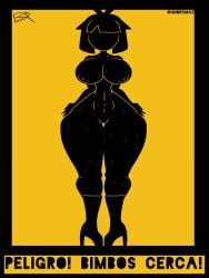 1female 1girls bimbo bimbo_body cautio heel_boots heels heels_only naked naked_female oc only_female original_character pictogram solo_female spanish_text sweat sweating text unnpcmaz warning_sign_person yellow_background