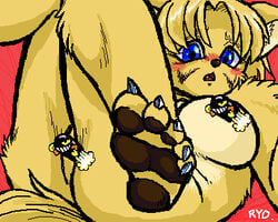 al blue_eyes blush breasts canine censored claws cute_fang female hair looking_at_viewer nude oekaki on_back pussy ryou short_hair solo tail tan tan_hair