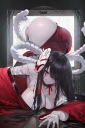 ass_visible_from_the_front azur_lane blush closed_mouth crawling dishwasher1910 emerging ghost_girl huge_ass huge_breasts licking_lips looking_at_viewer smile taihou_(azur_lane) taihou_(meta)_(azur_lane) television television_screen tongue_out