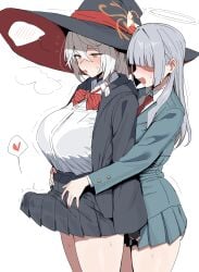 2girls absurdres black_skirt blue_archive blush bow bowtie braid breasts bulge character_request commentary erection erection_under_clothes eri_(blue_archive) futa_with_female futanari grey_hair halo hat heart highres large_breasts long_hair multiple_girls open_mouth pleated_skirt red_bow red_bowtie shirt single_braid skirt spoken_blush spoken_heart striped_bow striped_bowtie striped_clothes white_background white_halo white_shirt witch_hat xipa