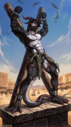 absurd_res anthro auction belgefor bondage bound chained chains chastity_cage chastity_device clows collar desert dragon hi_res male muzzle_(object) muzzled mythological_creature mythological_scalie mythology punishment restraints rock scalie slave slave_auction slave_market solo staying stocks tail