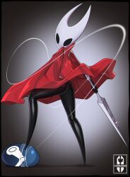 ass black_eyes black_skin bone_mask cape cloak cloak_only clothed darkiisfernando exposed_ass female full_body hollow_knight hollow_knight:_silksong hollow_knight_(franchise) hornet_(hollow_knight) looking_at_viewer mask masked masked_female naked nude pose posing red_cloak red_clothing red_dress silksong tagme