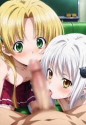 1boy 2girls asia_argento blowjob breasts curious_look high_school_dxd koneko_toujou licking_penis nude