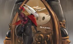 2025 2_horns 5:3 ambiguous_gender anal anal_bead_pull anal_beads anal_beads_in_ass anal_fluids anal_sex anthro anus arm_support arthropod ass barely_visible_breasts big_ass biped black_body blush bodily_fluids breasts chilldog cloak clothing dialogue dripping duo female genital_fluids genitals glistening glistening_body hi_res hollow_knight hollow_knight:_silksong hollow_knight_(franchise) horn hornet_(hollow_knight) humanoid_genitalia humanoid_vulva looking_pleasured market mostly_nude narrowed_eyes object_in_ass penetration public public_nudity pussy reaching reaching_back rear_view red_clothing sex_toy sex_toy_in_ass sex_toy_insertion shopping size_difference solo standing store team_cherry text vaginal_fluids vulva