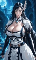 ai_art ai_generated black_hair brunhilde_(shuumatsu_no_valkyrie) green_eyes hair_ornament huge_breasts long_sleeves mature_female pendant record record_of_ragnarok shuumatsu_no_valkyrie tensor_art thicc thick_thighs white_dress wide_hips