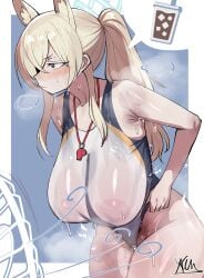 absurdres animal_ears bare_arms blonde_hair blue_archive blue_eyes blue_halo blue_one-piece_swimsuit blush breasts closed_mouth cowboy_shot dog_ears electric_fan extra_ears female female_pubic_hair geulimykun_(skbyunea413) halo highres huge_breasts kanna_(blue_archive) kanna_(swimsuit)_(blue_archive) long_hair official_alternate_costume one-piece_swimsuit ponytail pubic_hair solo sweat swimsuit whistle whistle_around_neck white_one-piece_swimsuit