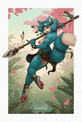 2025 2:3 anthro ass barefoot biped blue_body blue_fur blue_hair bottomwear breasts canid canine clothed clothing ear_piercing ear_ring feet female fluffy fluffy_tail forest fox fur hair hi_res jungle kalahari krystal krystal_(star_fox) krystal_appreciation_month loincloth mammal melee_weapon multicolored_body multicolored_fur nintendo nipples open_mouth piercing plant polearm ring_piercing solo spear star_fox tail topless topless_anthro topless_female tree tribal weapon white_body white_fur