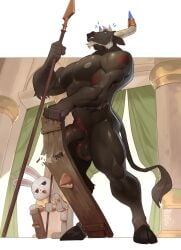 anthro ball_tuft balls beard black_body black_fur bodily_fluids body_hair bovid bovine cattle classical_architecture clothing dumbwhore_(redic-nomad) duo embarrassed erection european_mythology facial_hair fur genitals greek_mythology hairy_balls half-closed_eyes happy_trail hi_res hooves horn jewelry lagomorph leporid male male/male mammal markings melee_weapon minotaur muscular muscular_anthro muscular_male mythology narrowed_eyes nipple_piercing nipple_ring nipples nude nude_anthro nude_male pecs penis piercing polearm pubes rabbit red_markings redic-nomad ring_piercing shield spear standing sweat sweatdrop tuft unguligrade wardrobe_malfunction weapon